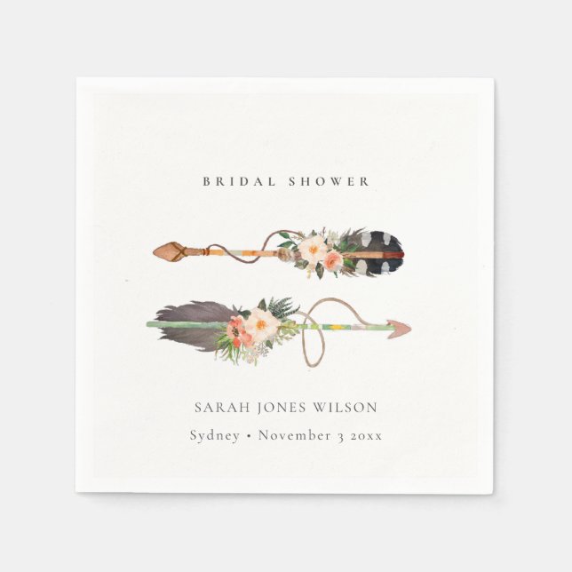 Serviette En Papier Rustique Bohème Plume Floral Flèche Mariage  (Devant)