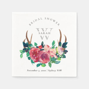 Serviette En Papier Rustique Boho Rouge Floral Cerf Bois de Cerf Maria