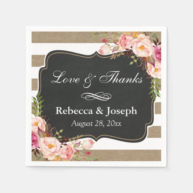 Serviette En Papier Rustique Botanique Floral Burlap Stripes Amour Mer (Devant)