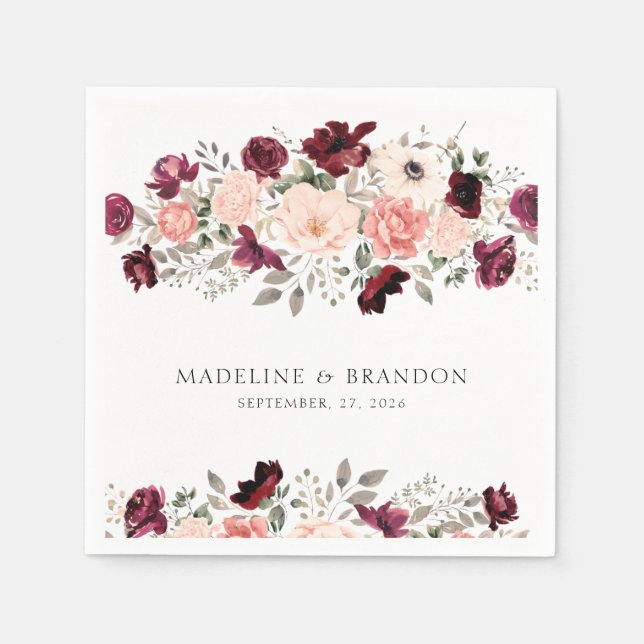 Serviette En Papier Rustique Bourgogne Blush Floral Mariage (Devant)
