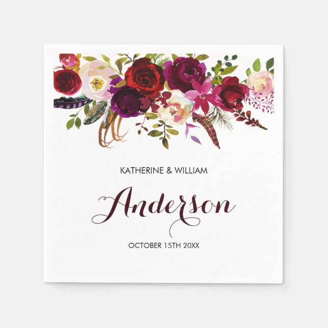 Serviette En Papier Rustique Bourgogne Marsala Chic Floral Mariage (Devant)