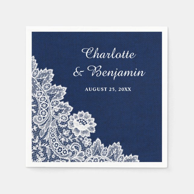 Serviette En Papier Rustique Burlap et dentelle Mariage bleu marine (Devant)