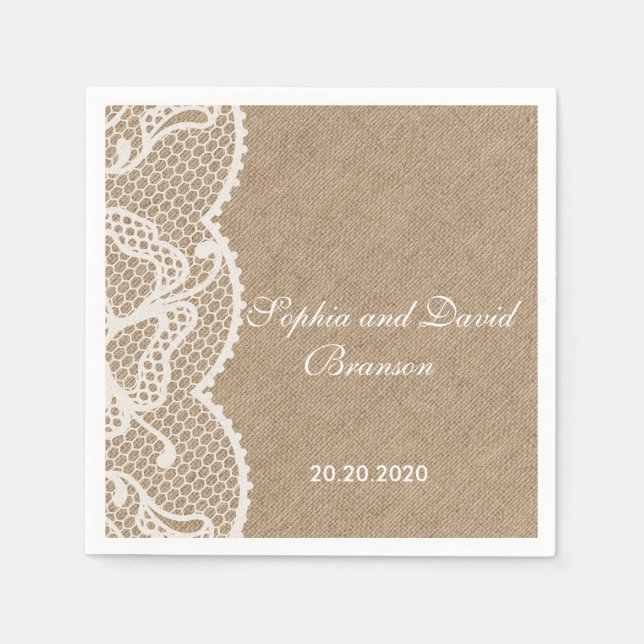Serviette En Papier Rustique Burlap et dentelle Mariage Personnalisé (Devant)