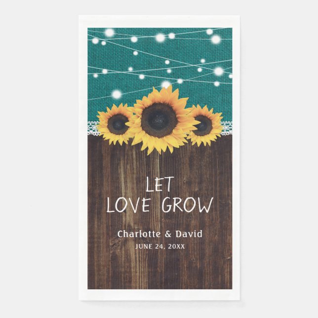 Serviette En Papier Rustique Burlap Wood Tournesol Mariage Turquoise s (Devant)