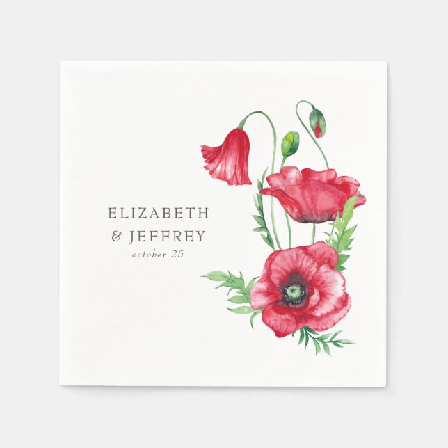 Serviette En Papier Rustique Elegant Aquarelle Script Red Poppy Mariag (Devant)