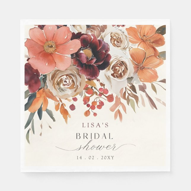 Serviette En Papier Rustique Fête de Mariage Florale Bordeaux Automne (Devant)
