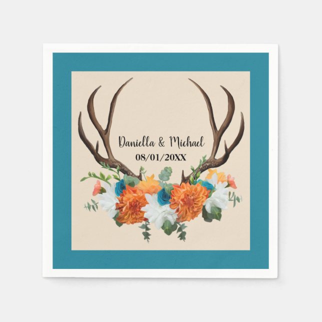Serviette En Papier Rustique Floral Antlers BOHO Mariage (Devant)