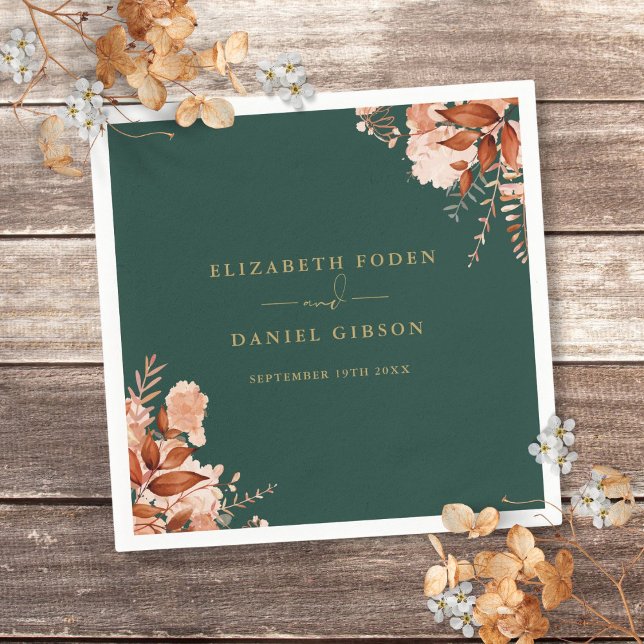 Serviette En Papier Rustique Floral Emerald Vert Et Mariage Or (Rustic Floral Emerald Green And Gold Wedding Napkins)