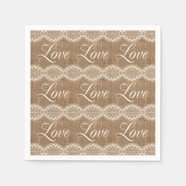 Serviette En Papier Rustique Mariage Burlap Lace Love (Devant)
