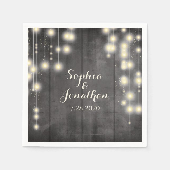 Serviette En Papier Rustique Mariage Twinkle String éclairs Barne Bois (Devant)