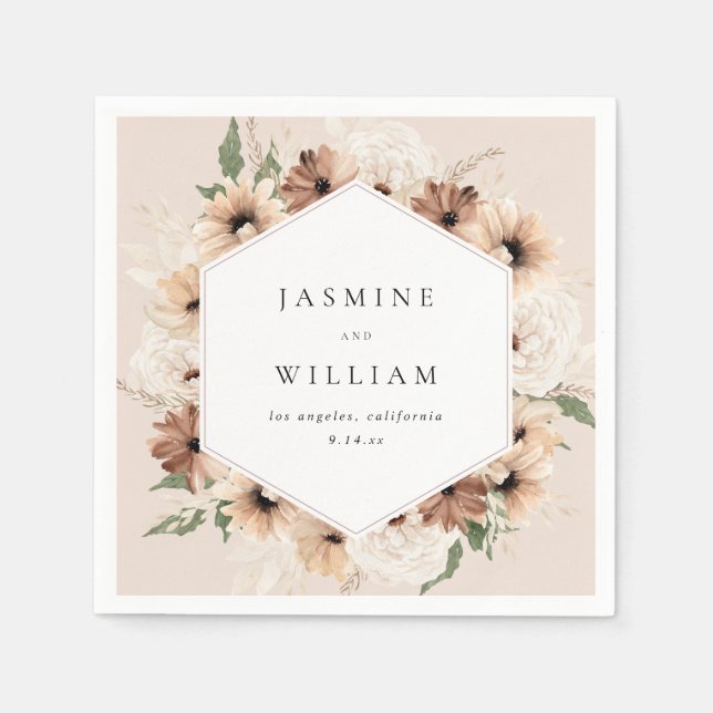 Serviette En Papier Rustique Neutre Boho Floral Nom S2 - Beige (Devant)