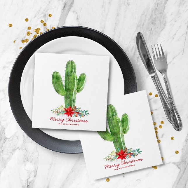 Serviette En Papier Rustique Noël Cactus vacances Floral (Rustic Christmas Cactus Holiday Floral Napkins)