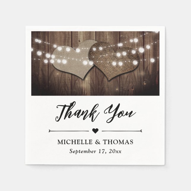 Serviette En Papier Rustique Pays Écran Bois Burlap Éclairages à corde (Devant)