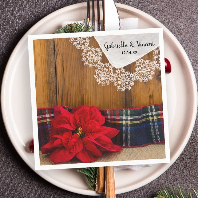 Serviette En Papier Rustique Poinsettia et Plaid Country Mariage d'hiv (Créateur téléchargé)