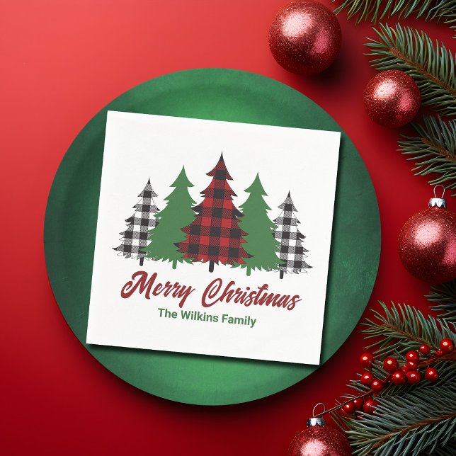 Serviette En Papier Rustique Red Plaid Joyeux Noël Arbres (Créateur téléchargé)