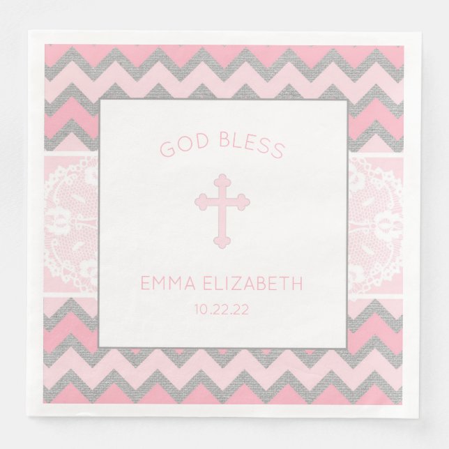 Serviette En Papier Rustique rose Grey Girl Baptême Christening Napkin (Devant)