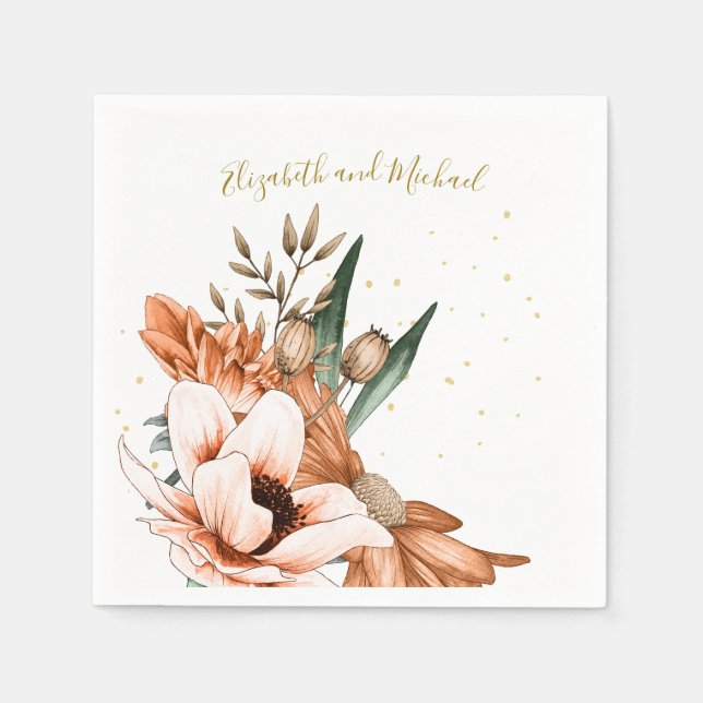 Serviette En Papier Rustique Terracotta Floral Gold Élégant Mariage ch (Devant)