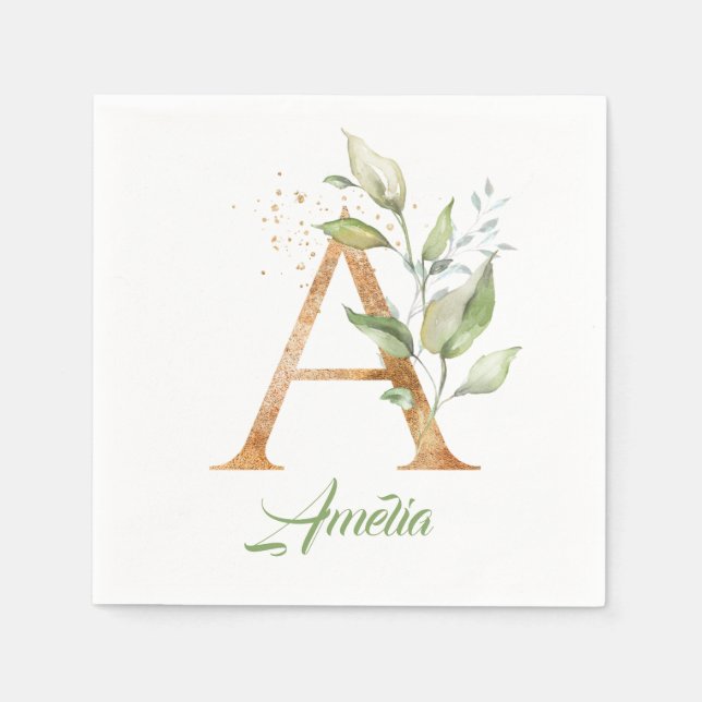 Serviette En Papier Rustique Un monogramme vert feuillage eucalyptus o (Devant)