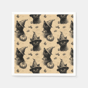 Serviette En Papier Rustique Vintage Chat Noir Sorcière Halloween Moti