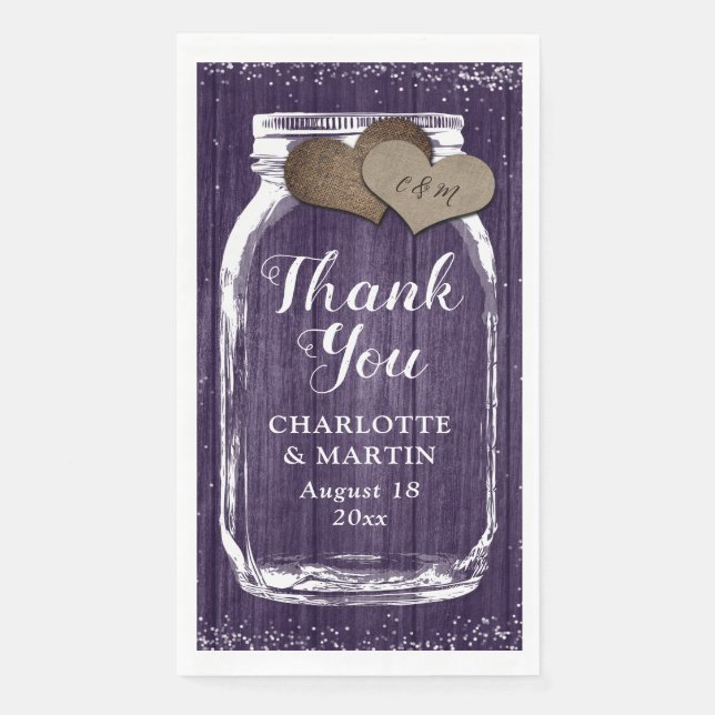Serviette En Papier Rustique violet Mason Jar Merci Mariage en bois (Devant)