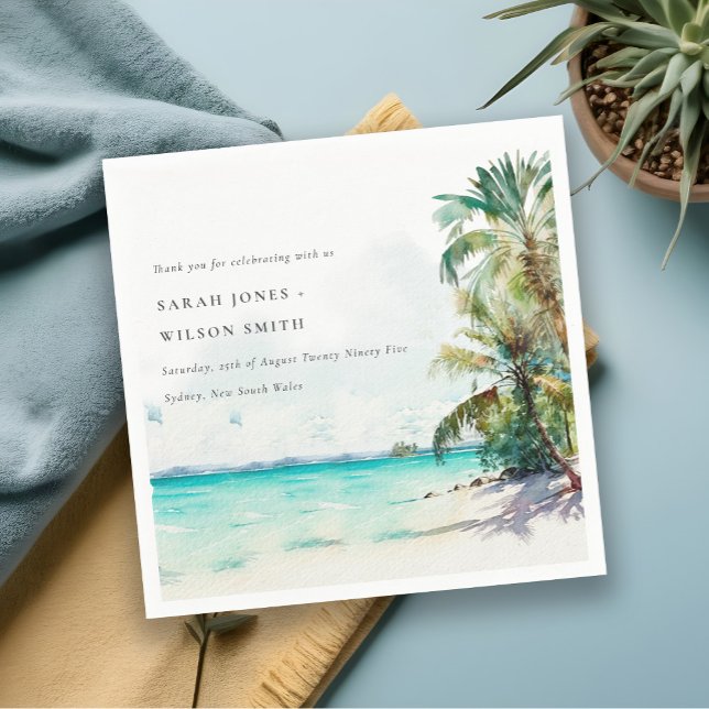 Serviette En Papier Sable Tropical Beach Aquarelle Palm Trees Mariage (Créateur téléchargé)