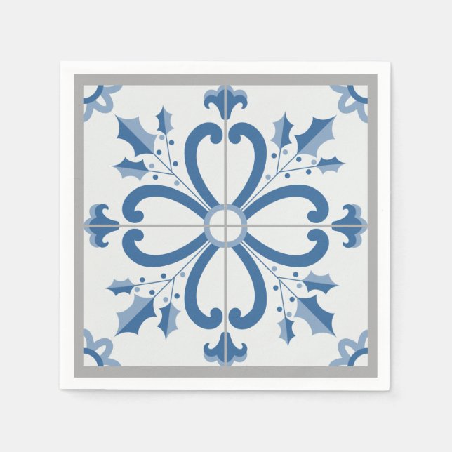 Serviette En Papier Sacré de Noël et pétales de fleurs carreaux bleus (Devant)