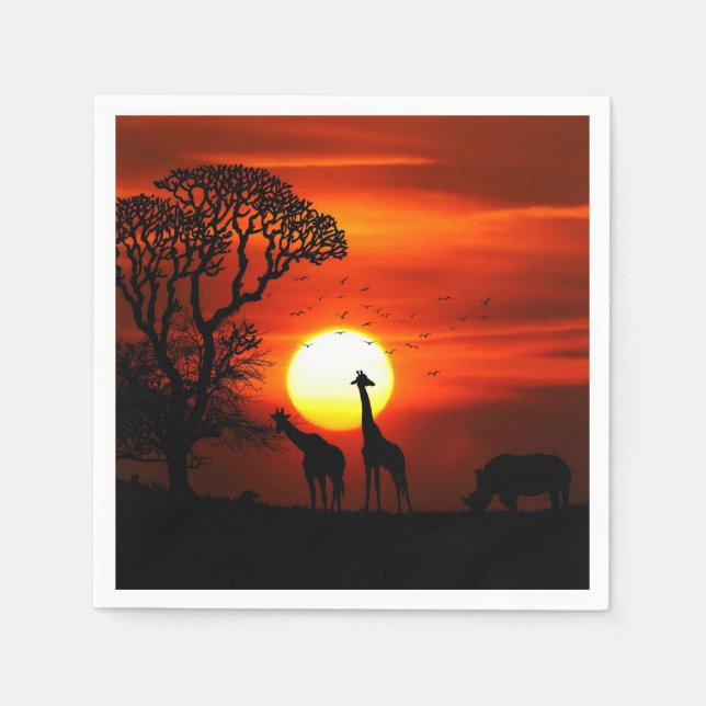 Serviette En Papier Safari Africain Sunset Animal Silhouettes (Devant)