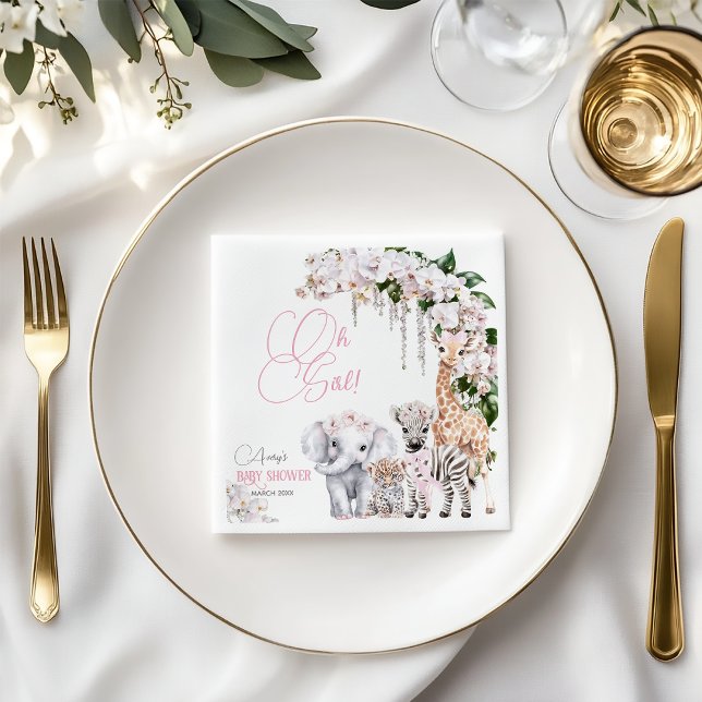 Serviette En Papier Safari Animal Tropical Baby shower rose Fleur (Créateur téléchargé)