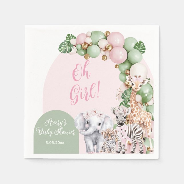 Serviette En Papier Safari animal Tropical vert rose bébé fille douche (Devant)