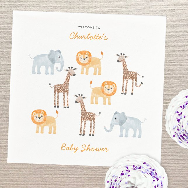 Serviette En Papier Safari Animaux Aquarelle Baby shower personnalisé (Fun watercolor baby safari animals personalized baby shower party paper napkins)