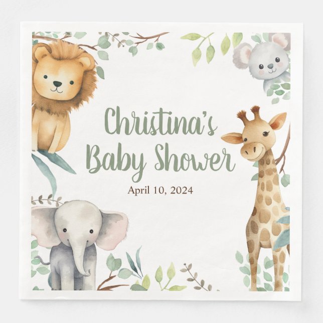 Serviette En Papier Safari Animaux Baby shower serviettes (Devant)