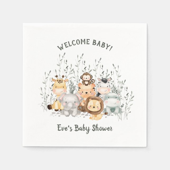 Serviette En Papier Safari Animaux Baby shower serviettes (Devant)