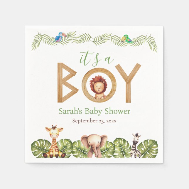 Serviette En Papier Safari Animaux Baby showers Bois Jungle Feuilles (Devant)