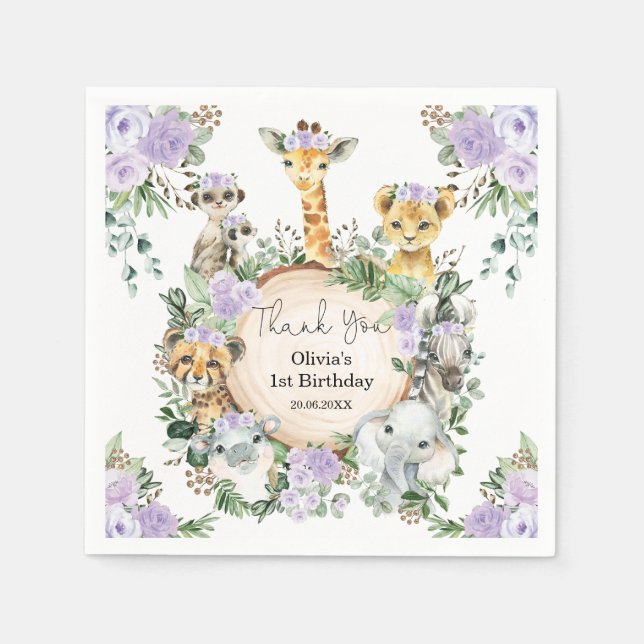 Serviette En Papier Safari Animaux sauvages Purple Floral Anniversaire (Devant)