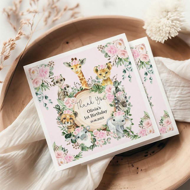 Serviette En Papier Safari Animaux sauvages Rose Floral Anniversaire P (Créateur téléchargé)