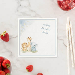 Serviette En Papier Safari Bleu Mignon Lion Éléphant Girafe Enfants   