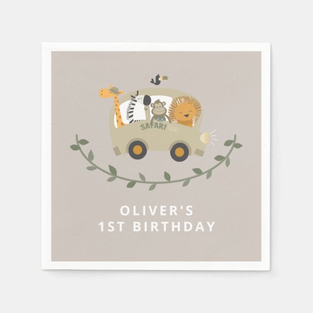 Serviette En Papier Safari Jungle Animaux 1er Anniversaire Nom personn (Devant)