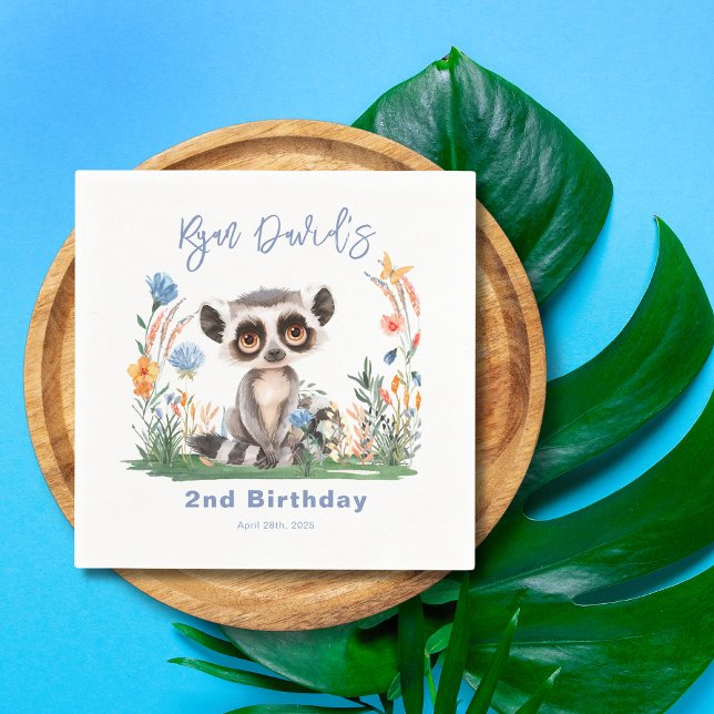 Serviette En Papier Safari Jungle Cute Aquarelle Singe Anniversaire (Safari Jungle Tropical Greenery Flowers Colorful Monkey 2nd Birthday Napkin)