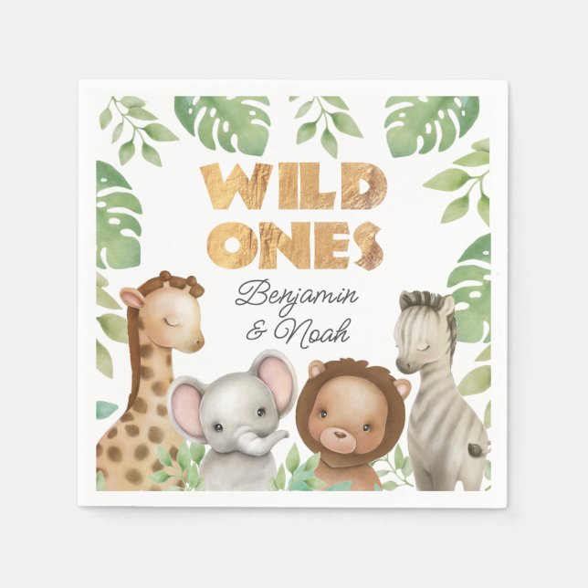 Serviette En Papier Safari Wild Ones Twins 1er anniversaire (Devant)