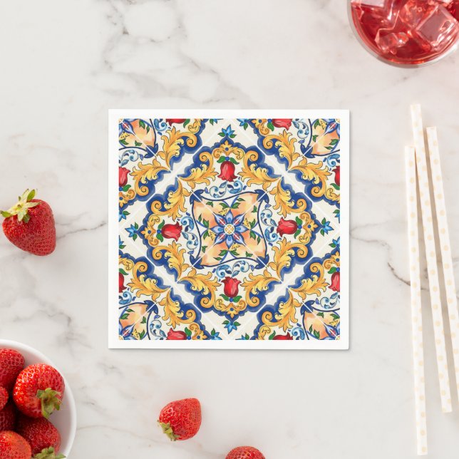 Serviette En Papier Saffron Red Floral Sicilian Majolica Mediterranean (En situation)