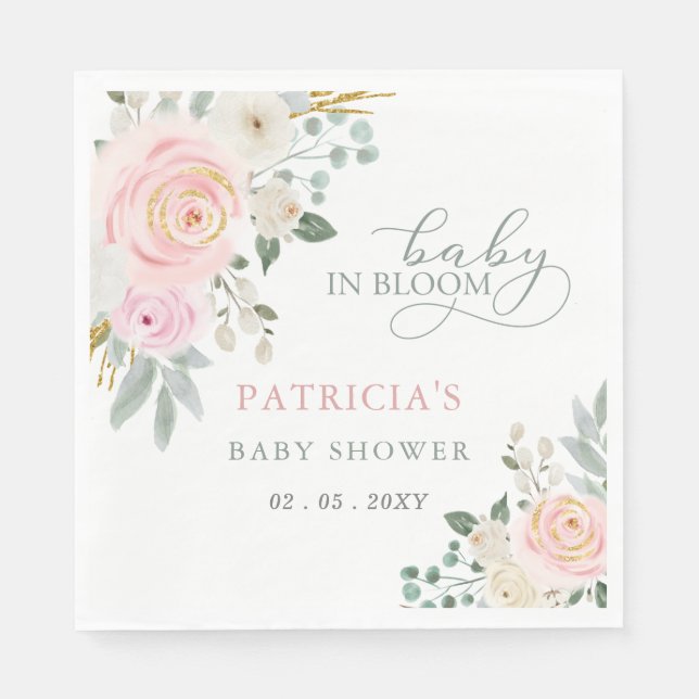 Serviette En Papier Sage Baby en Fleur Rose Floral Baby shower fille (Devant)