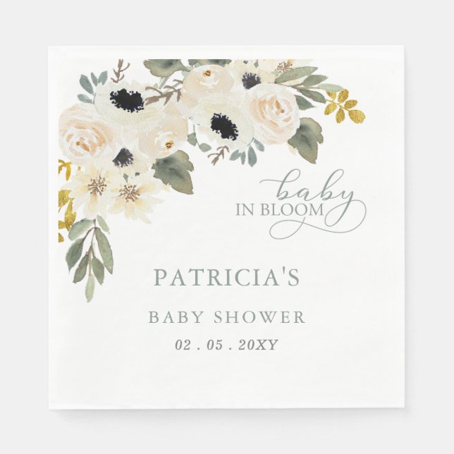 Serviette En Papier Sage Baby in Bloom Ivory Floral Girl Baby shower (Devant)