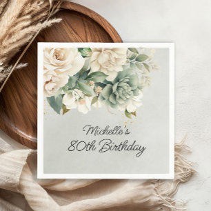 Serviette En Papier Sage Blanc Floral Vert Or 80e Anniversaire