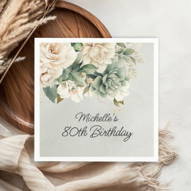 Serviette En Papier Sage Blanc Floral Vert Or 80e Anniversaire (White and sage green watercolor floral birthday party paper napkins)
