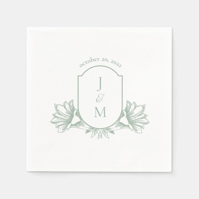 Serviette En Papier Sage Botanographie Monogram Crest Mariage Napkins (Devant)