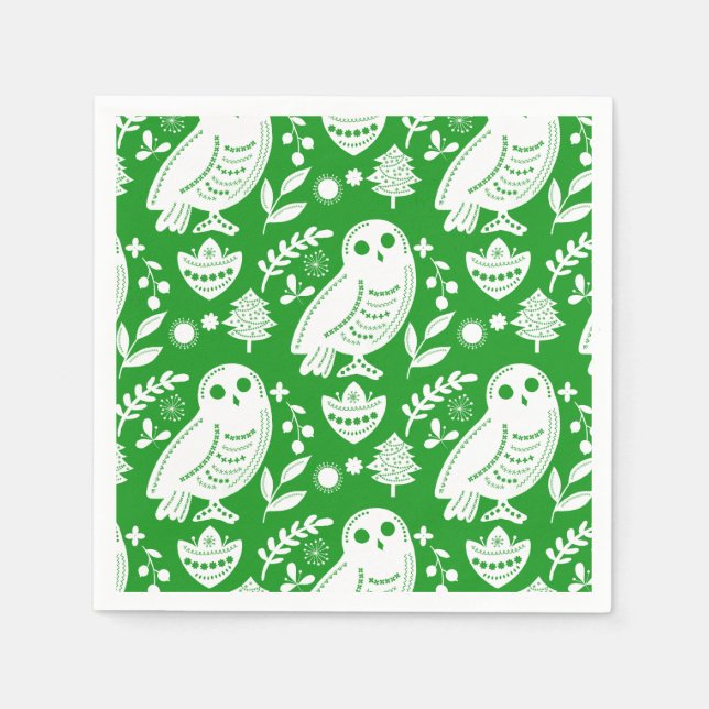 Serviette En Papier Sage Chouette Art Populaire Vert Vacances (Devant)