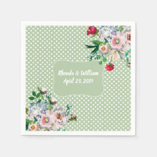 Serviette En Papier Sage clair avec points blancs et Mariage de fleurs