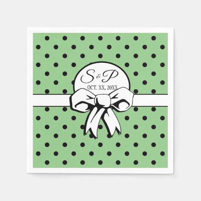 Serviette En Papier Sage Green & Black Polka Pot Blanc Bow Personnalis (Devant)