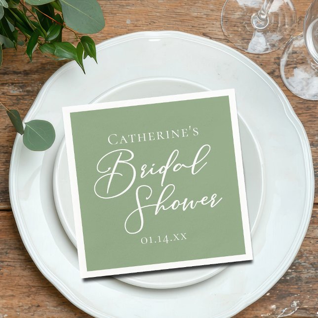 Serviette En Papier Sage Green Bridal Shower Personalized White Script (Créateur téléchargé)