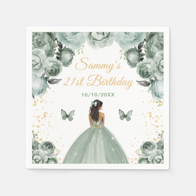 Serviette En Papier Sage Green Dark Skin Princesse Anniversaire (Devant)